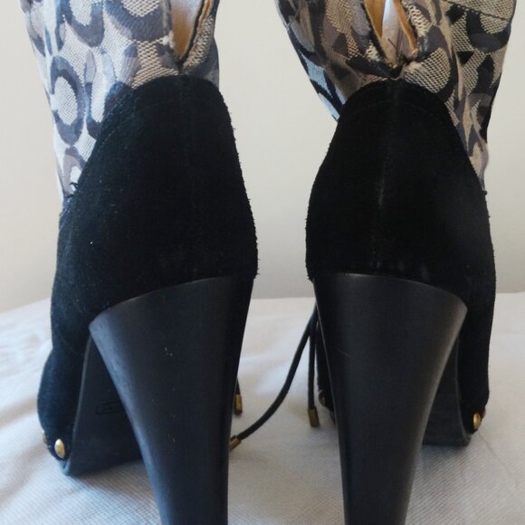 COACH EDIVA Size 7B Boots, Suede Canvas Ankle Platform 4" Heel Booties Studded - Picture 4 of 7